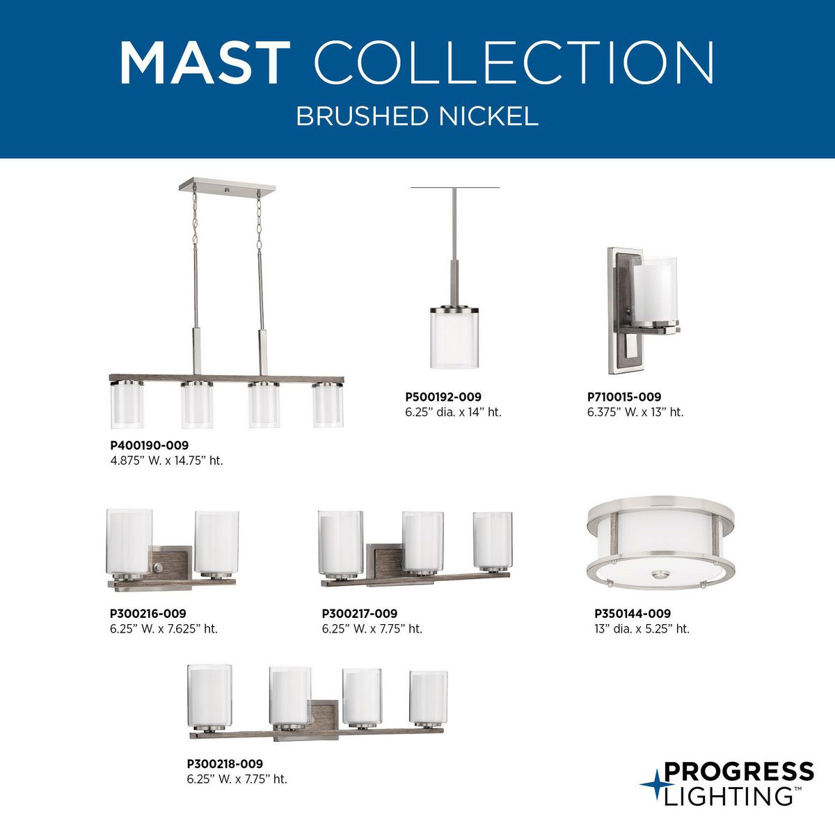 Progress Lighting Mast 4-Light Brushed Nickel Farmhouse Etched Glass Linear Large Hanging Kitchen Island Light