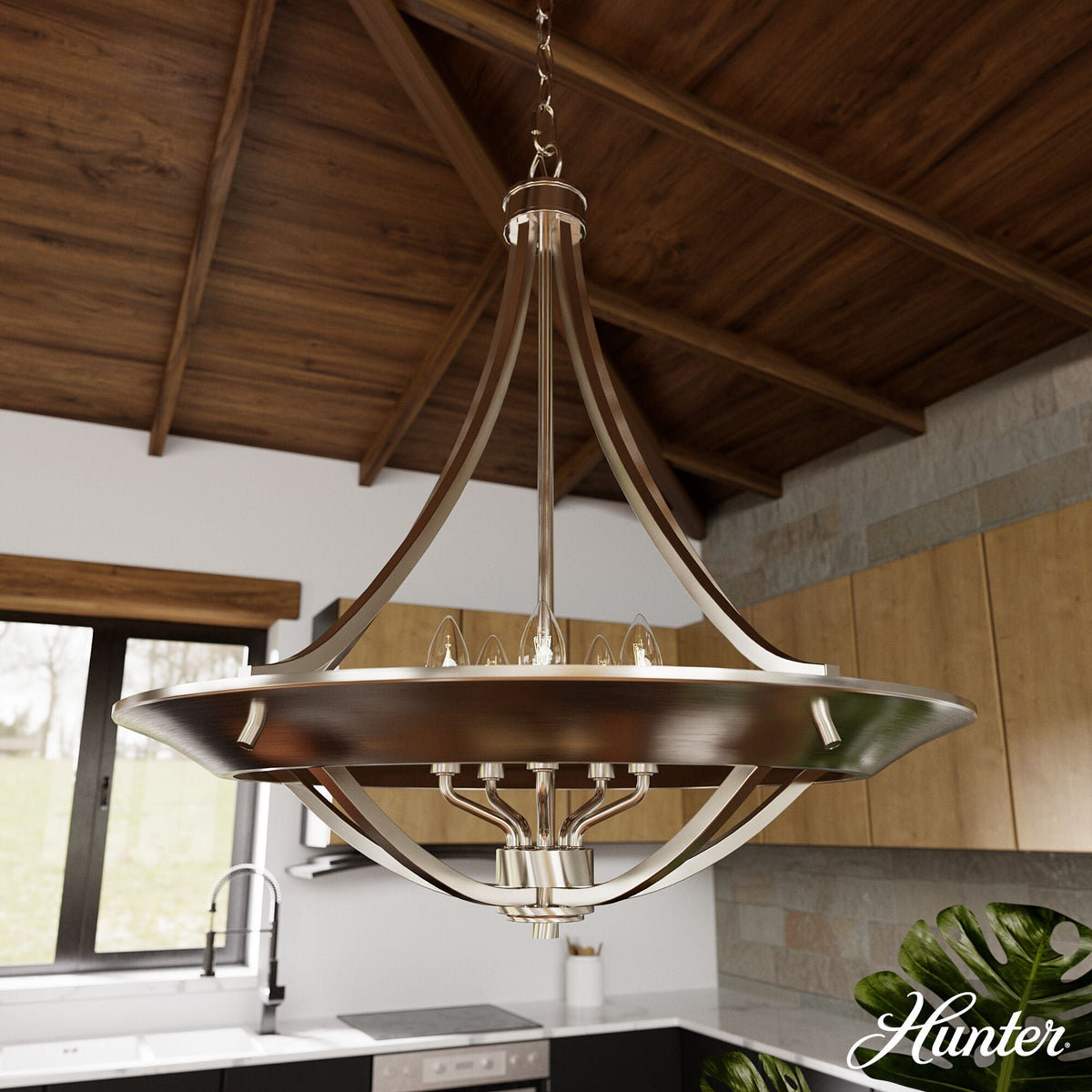 Hunter Perch Point 4-Light Brushed Nickel Transitional Bowl LED Large Hanging Kitchen Island Light