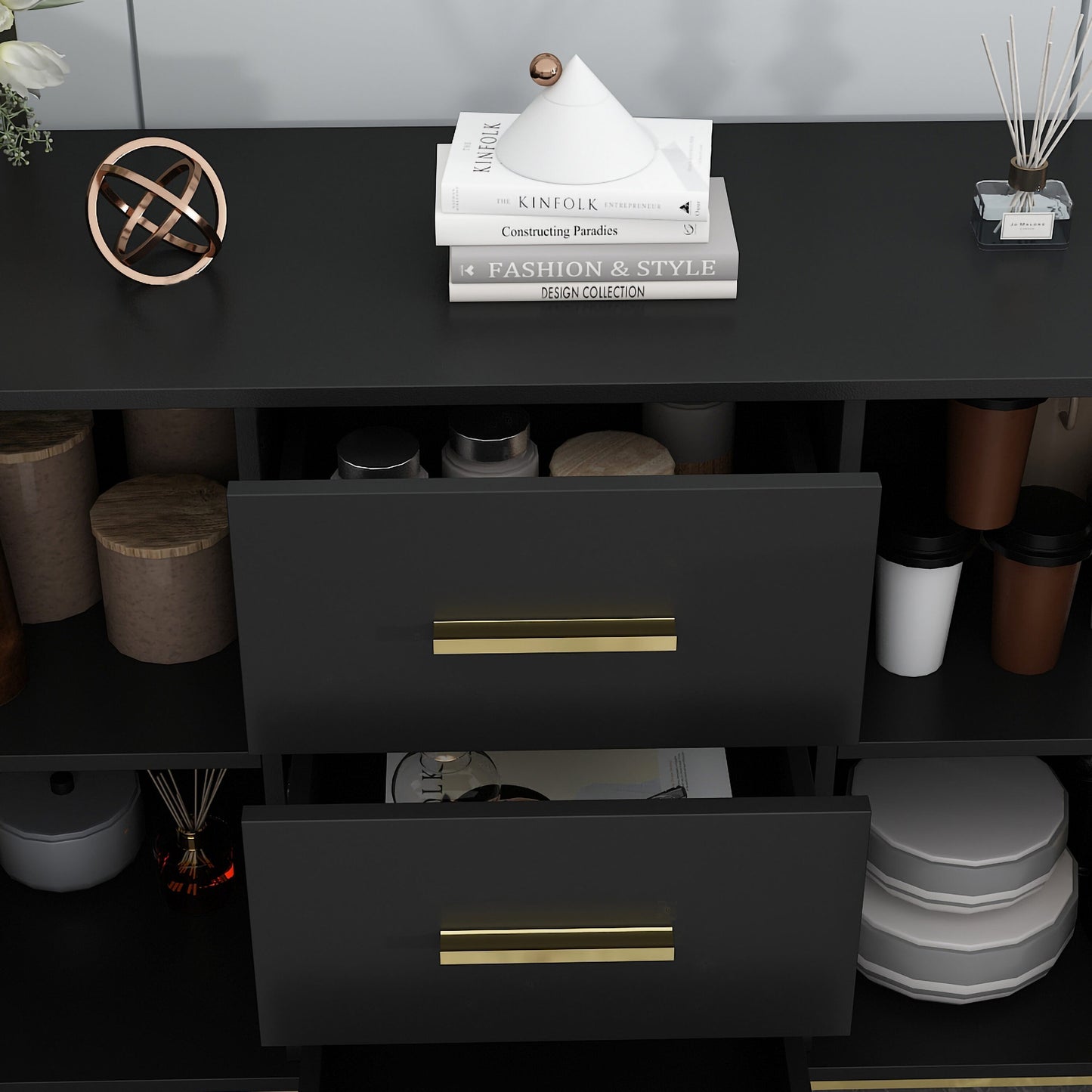 FUFU&GAGA Contemporary Black Composite 3-Drawer Dresser with Doors, Multipurpose Accent Cabinet, Sturdy and Durable, Ample Storage Space