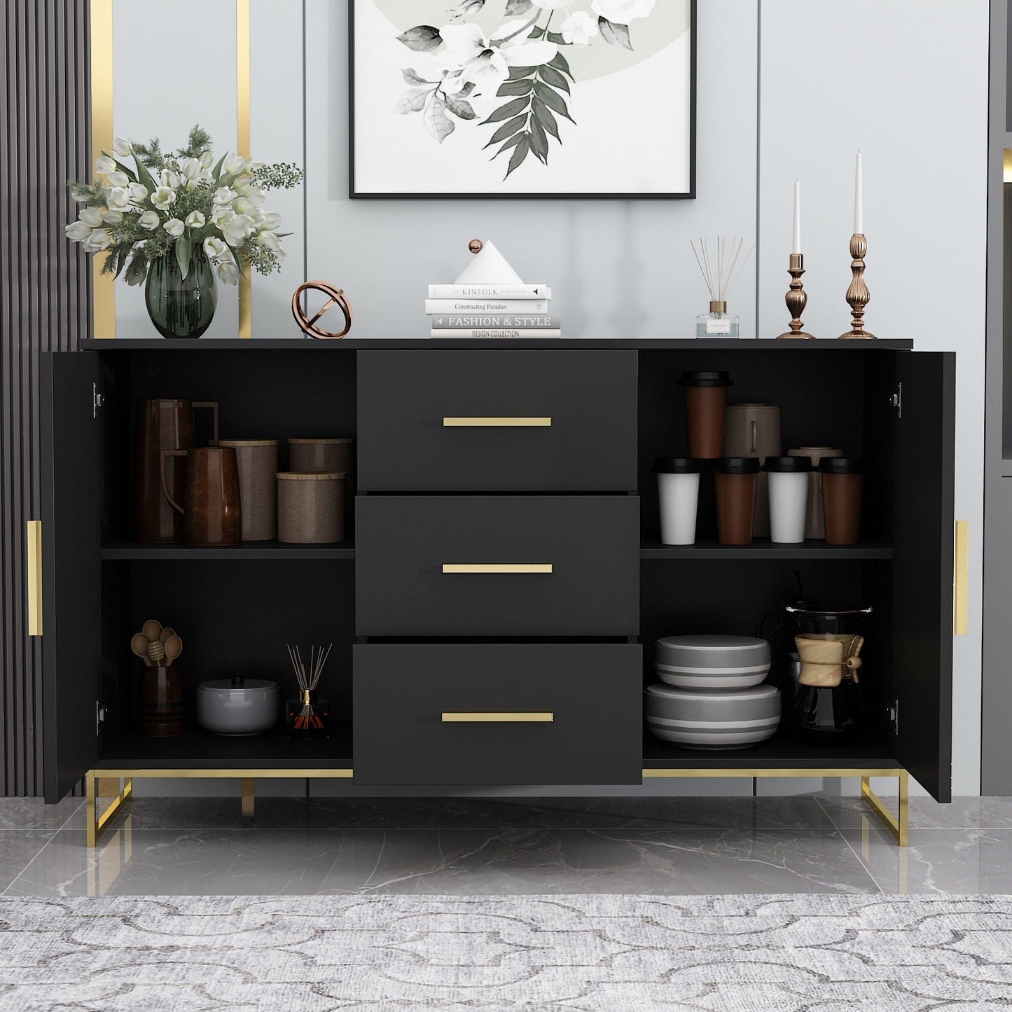 FUFU&GAGA Contemporary Black Composite 3-Drawer Dresser with Doors, Multipurpose Accent Cabinet, Sturdy and Durable, Ample Storage Space