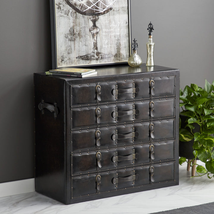 Grayson Lane Black Vintage Faux Leather with Buckles 5-Drawer Accent Chest