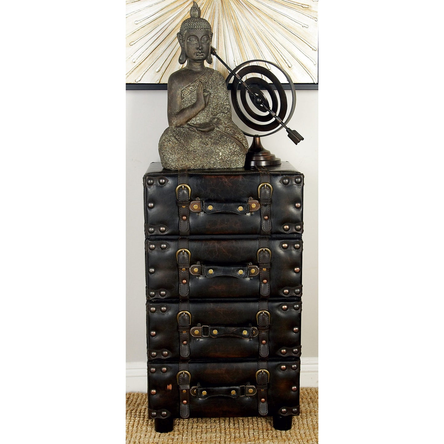 Grayson Lane Black Vintage Faux Leather with Stud Details Cedar 4-Drawer Accent Chest