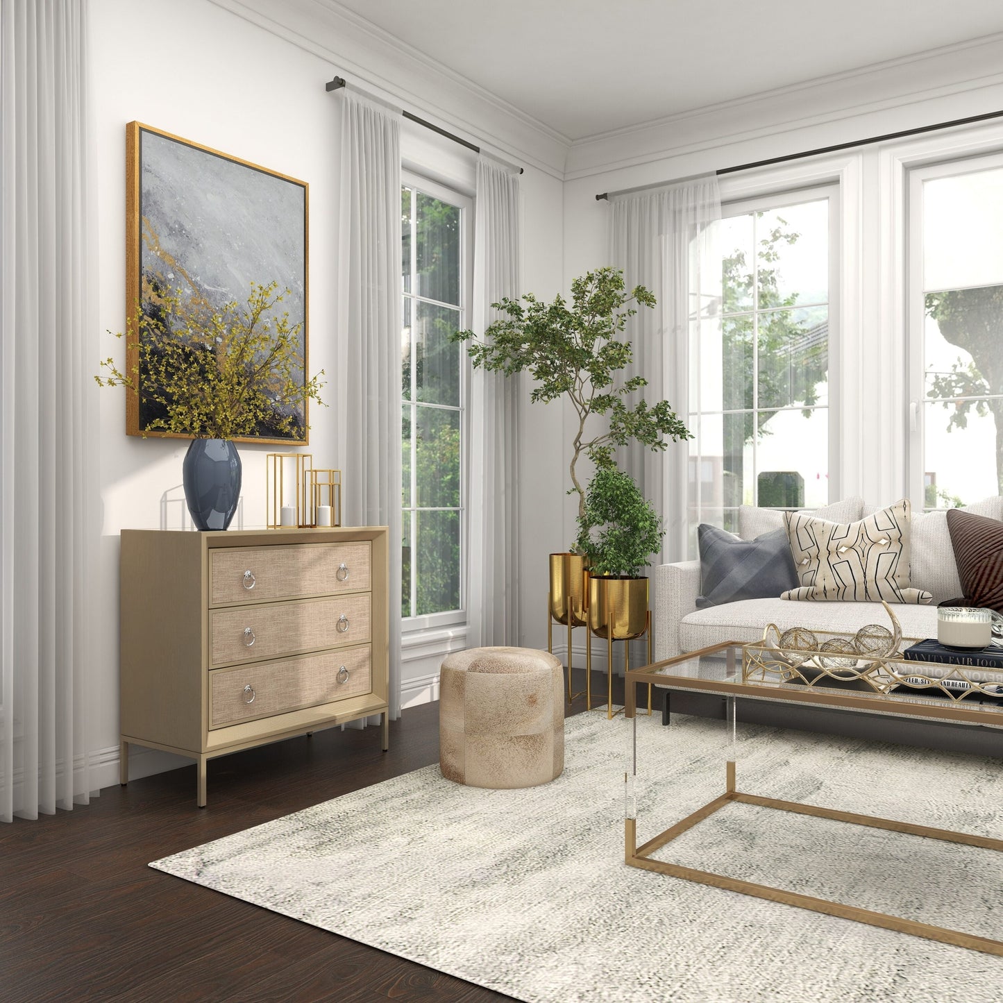 Grayson Lane Beige Upholstered with Mirrored Top 3-Drawer Accent Chest