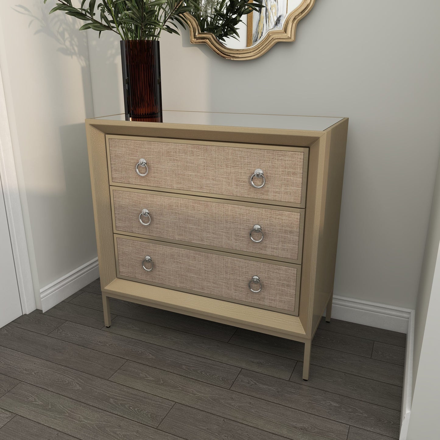 Grayson Lane Beige Upholstered with Mirrored Top 3-Drawer Accent Chest