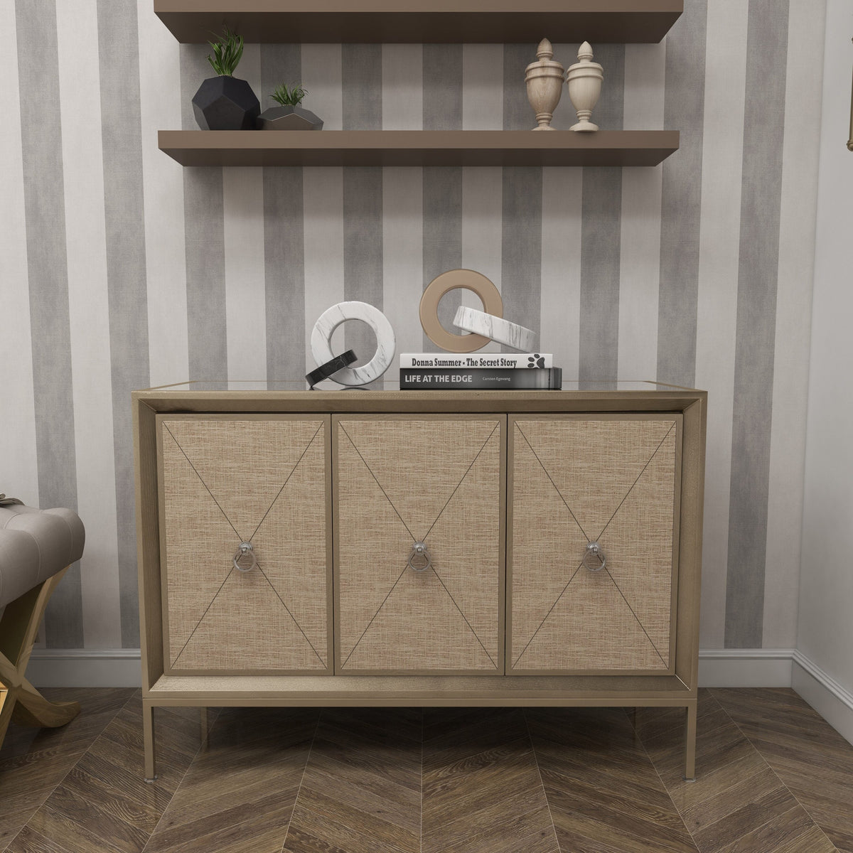 Grayson Lane Gray Upholstered Front Panel 1 Shelf and 3 Doors Accent Chest