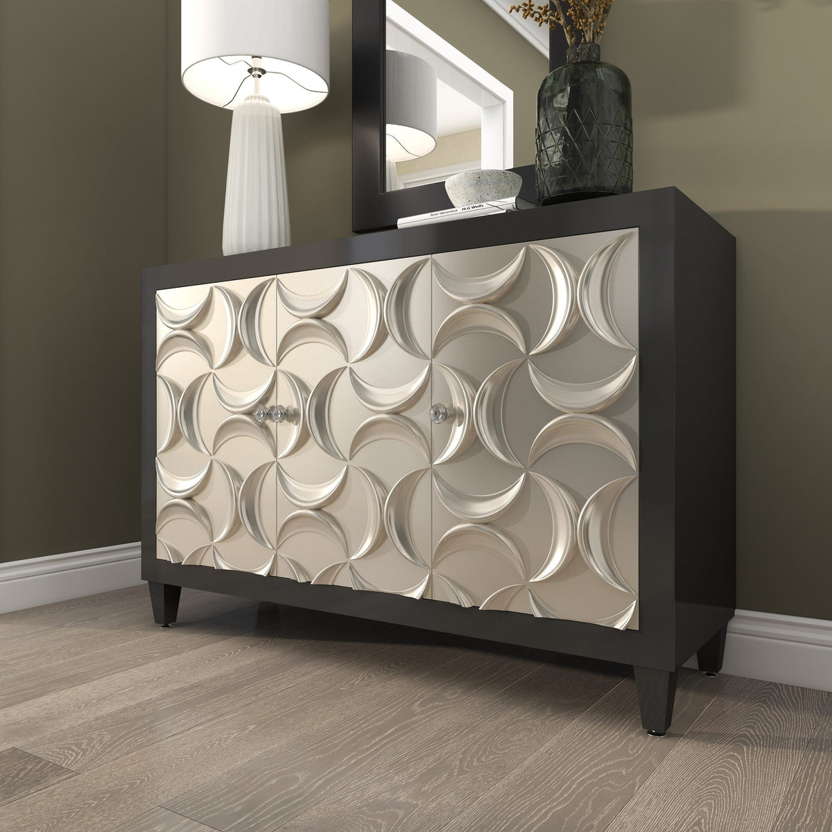 Grayson Lane Black Silver Crescent Moon Relief Design Accent Chest