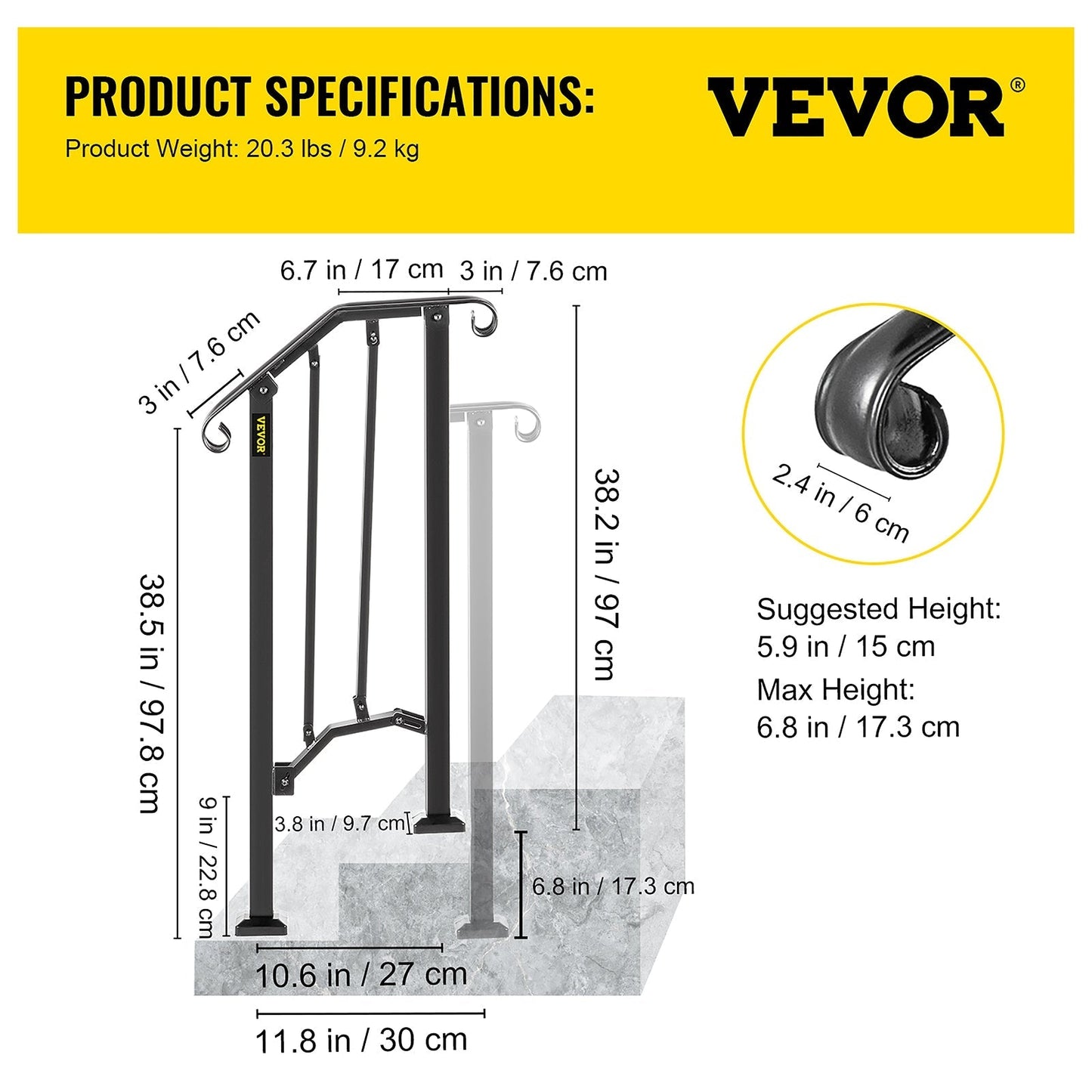 VEVOR Handrails Stair Railing 2-ft x 38-in Black Steel Deck Stair Rail Kit