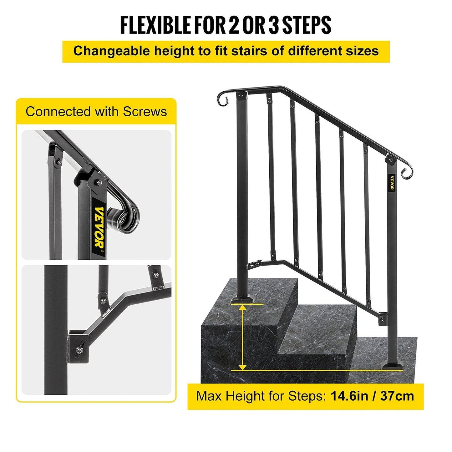 VEVOR Handrails Stair Railing 2-ft x 38-in Black Steel Deck Stair Rail Kit