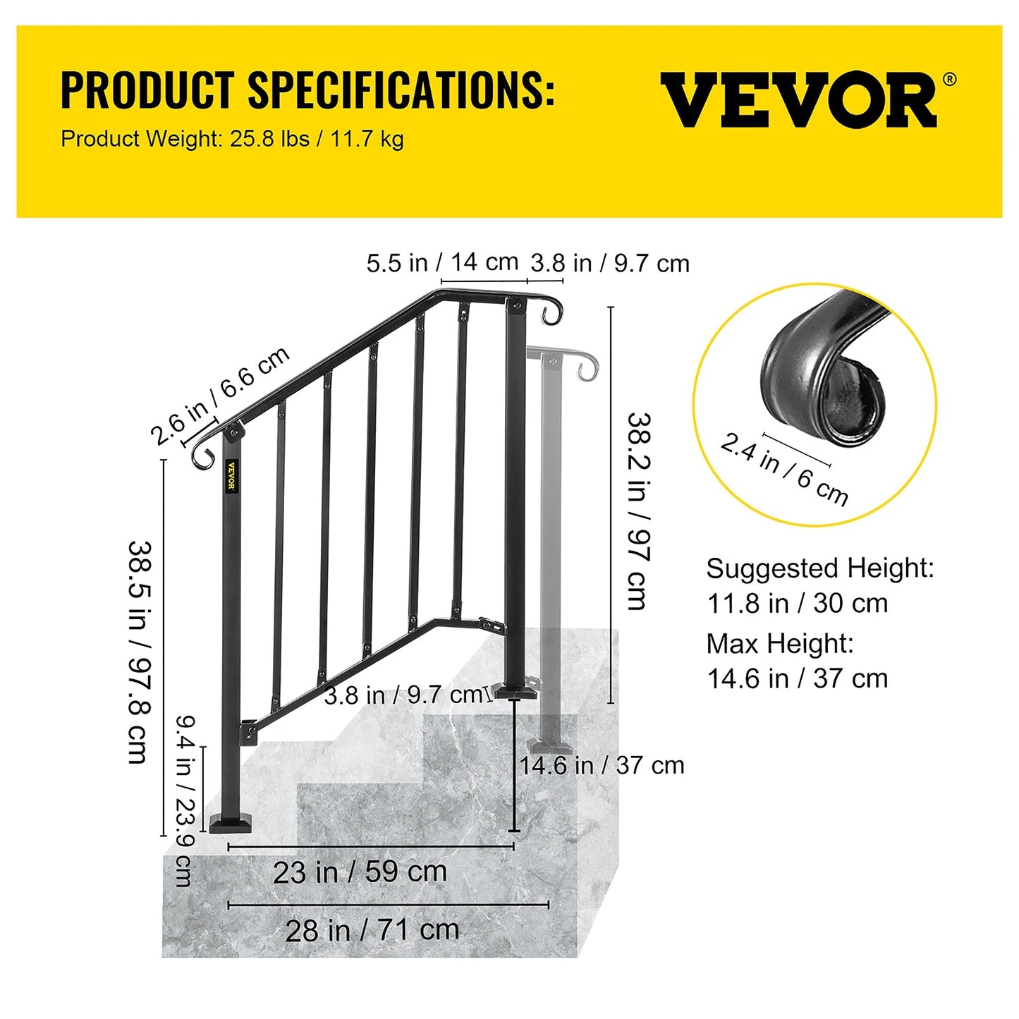 VEVOR Handrails Stair Railing 2-ft x 38-in Black Steel Deck Stair Rail Kit