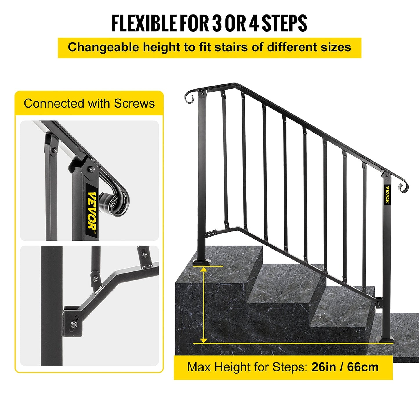 VEVOR Handrails Stair Railing 2-ft x 38-in Black Steel Deck Stair Rail Kit