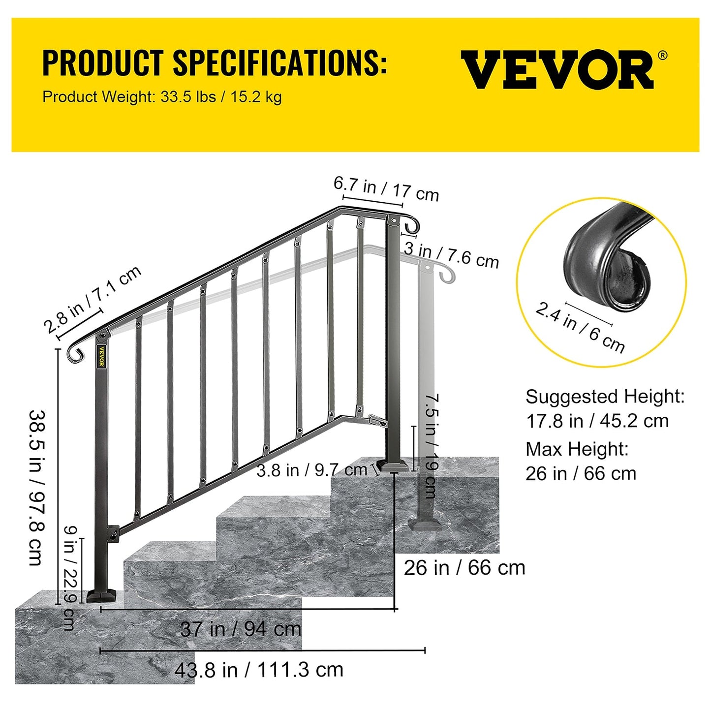 VEVOR Handrails Stair Railing 2-ft x 38-in Black Steel Deck Stair Rail Kit