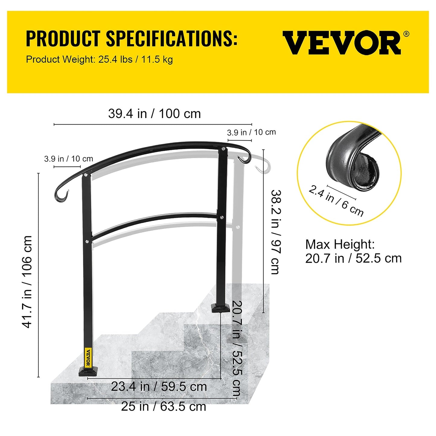 VEVOR Handrails Stair Railing 2-ft x 42-in Black Steel Deck Stair Rail Kit
