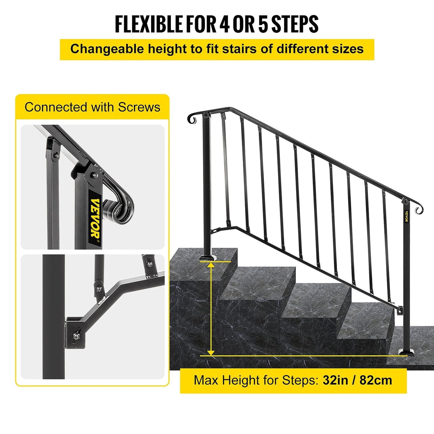 VEVOR Handrails Stair Railing 4-ft x 38-in Black Steel Deck Stair Rail Kit