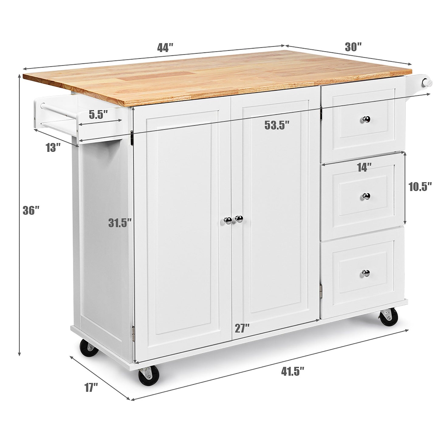 Goplus White Wood Base with Wood Top Rolling Kitchen Cart (30-in x 53.5-in x 36-in)