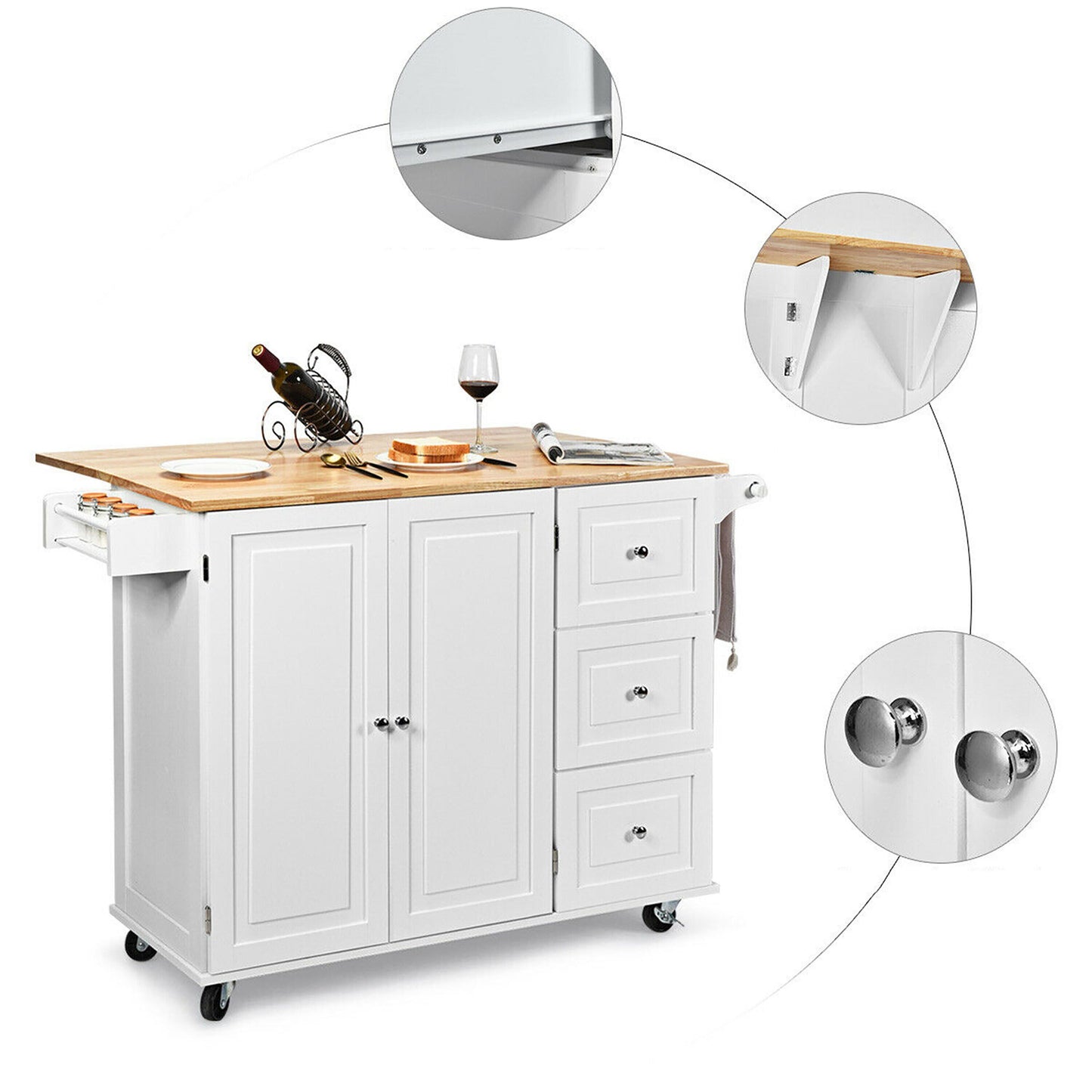 Goplus White Wood Base with Wood Top Rolling Kitchen Cart (30-in x 53.5-in x 36-in)