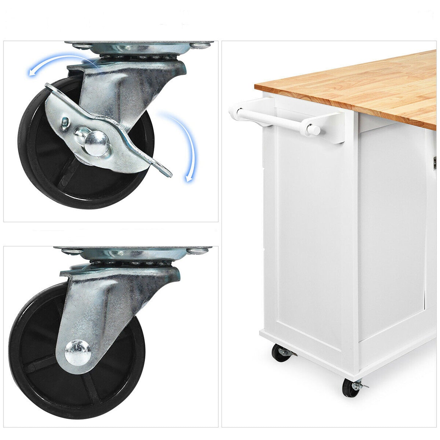 Goplus White Wood Base with Wood Top Rolling Kitchen Cart (30-in x 53.5-in x 36-in)