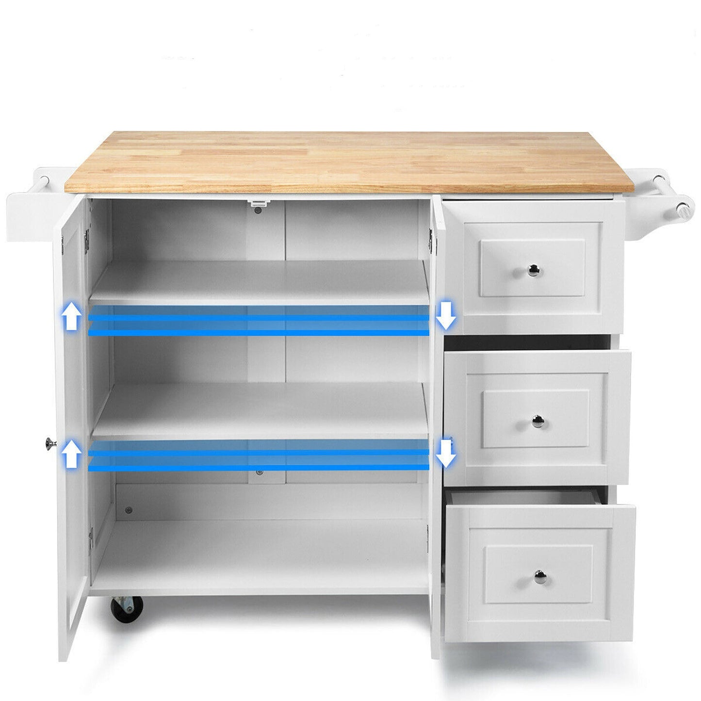 Goplus White Wood Base with Wood Top Rolling Kitchen Cart (30-in x 53.5-in x 36-in)