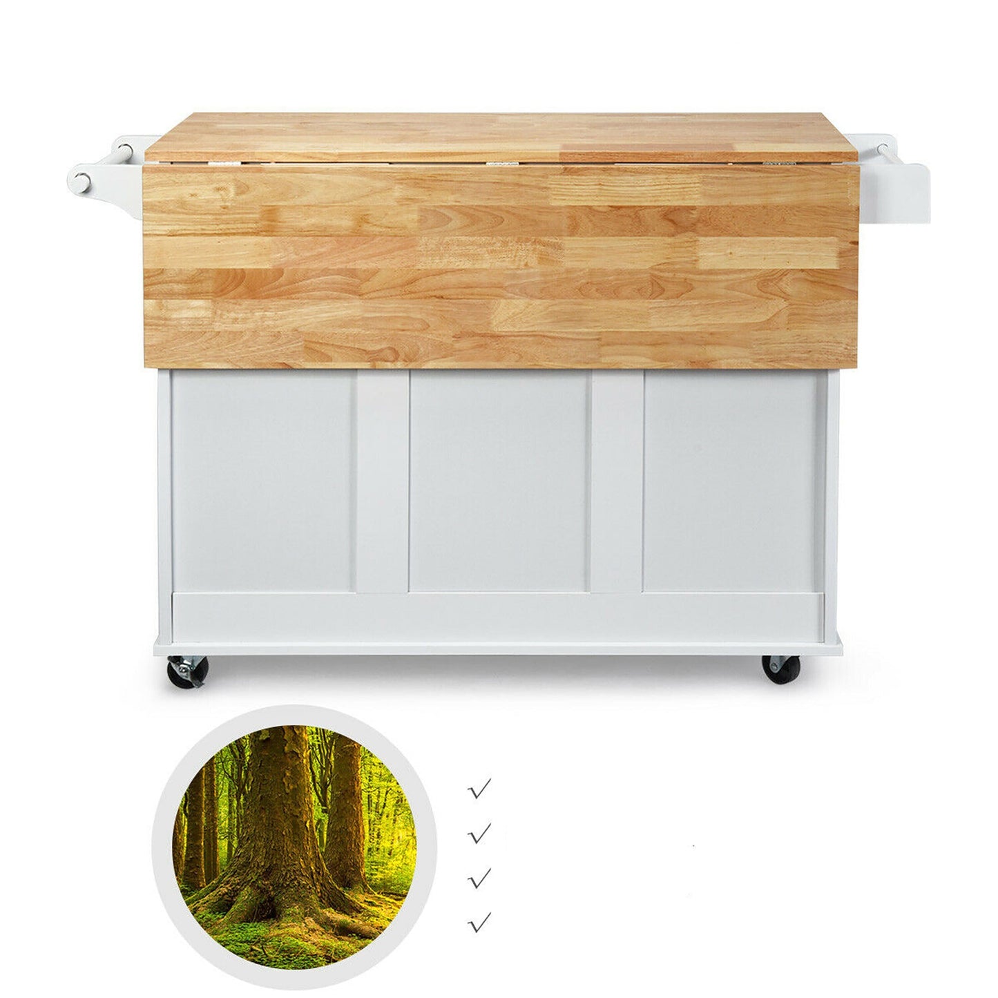 Goplus White Wood Base with Wood Top Rolling Kitchen Cart (30-in x 53.5-in x 36-in)