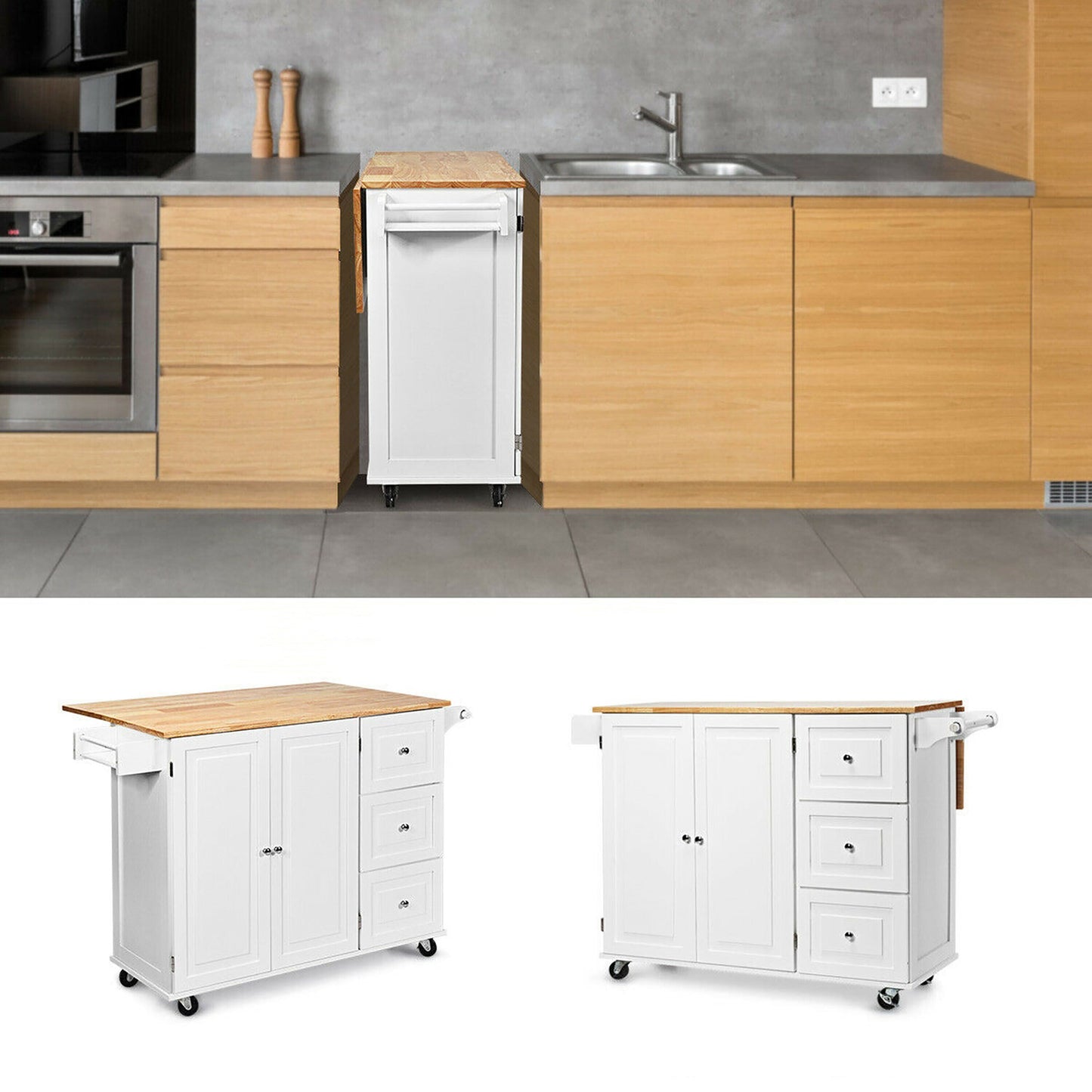 Goplus White Wood Base with Wood Top Rolling Kitchen Cart (30-in x 53.5-in x 36-in)