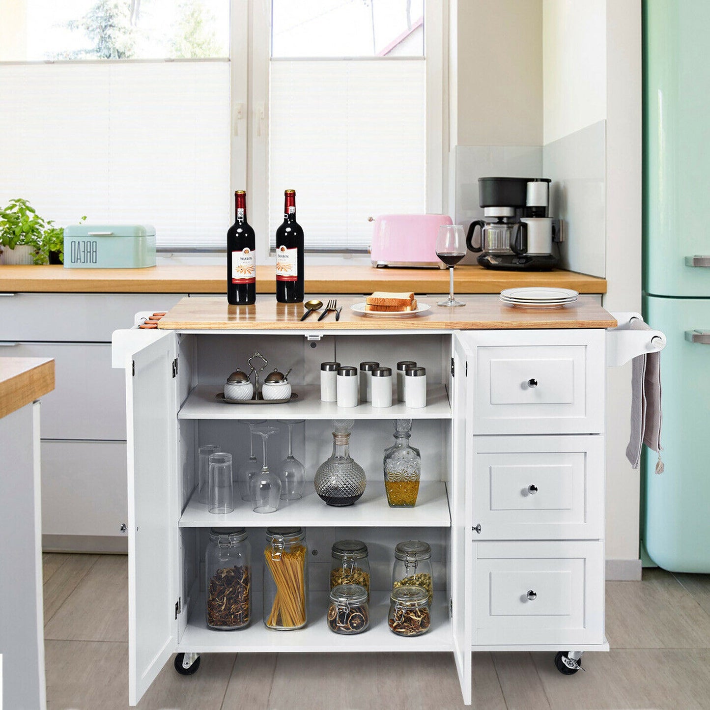 Goplus White Wood Base with Wood Top Rolling Kitchen Cart (30-in x 53.5-in x 36-in)