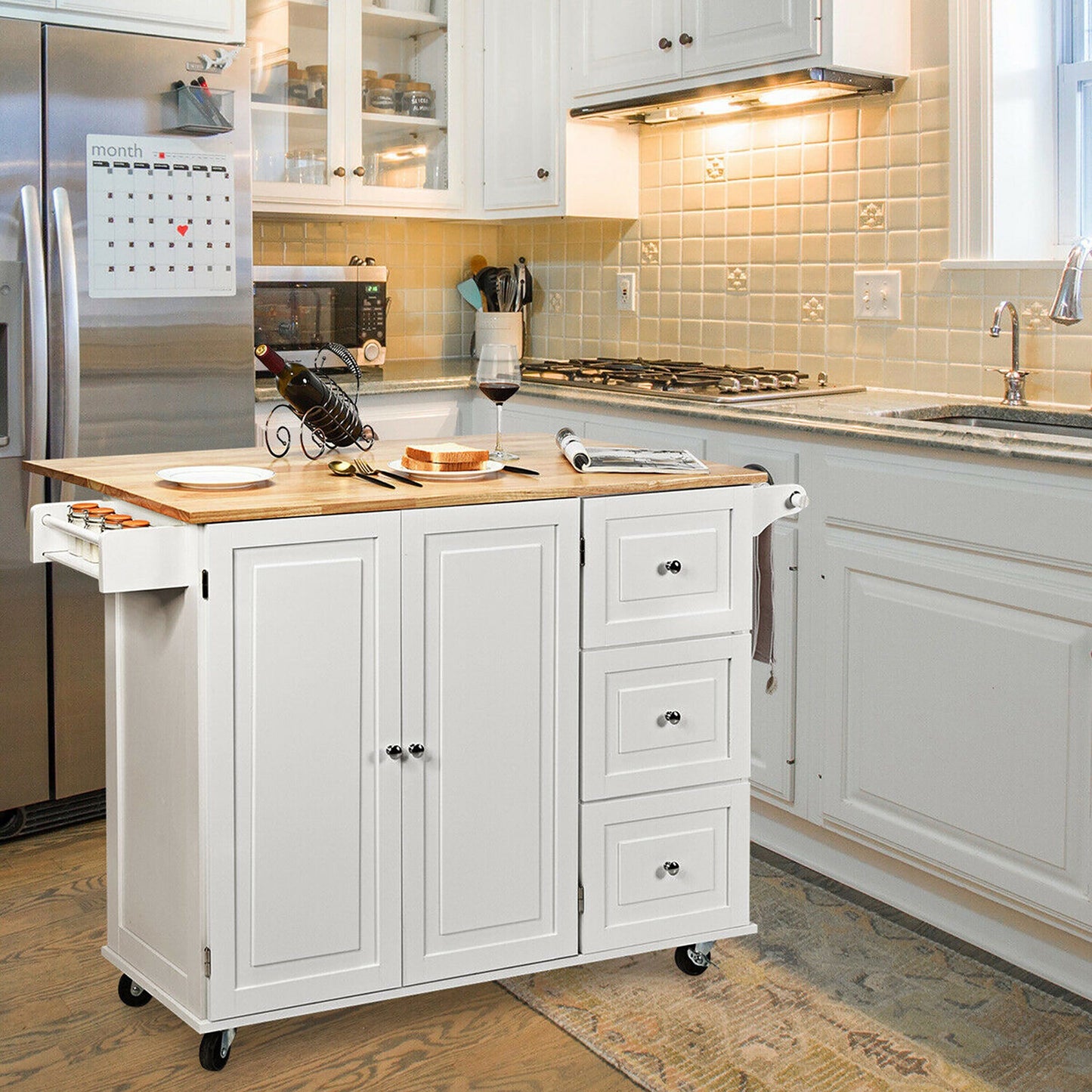 Goplus White Wood Base with Wood Top Rolling Kitchen Cart (30-in x 53.5-in x 36-in)
