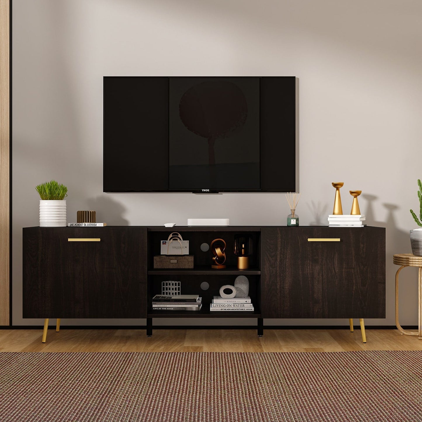 FUFU&GAGA TV Stand Modern/Contemporary Dark Brown Tv Cabinet Integrated Tv Mount (Accommodates TVs up to 70-in)