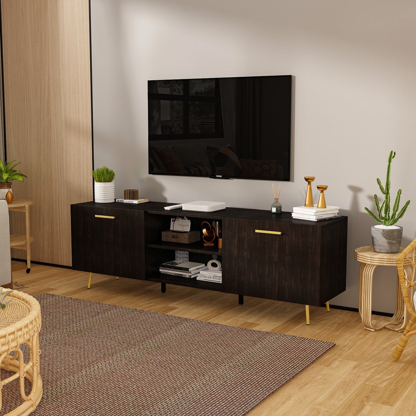 FUFU&GAGA TV Stand Modern/Contemporary Dark Brown Tv Cabinet Integrated Tv Mount (Accommodates TVs up to 70-in)