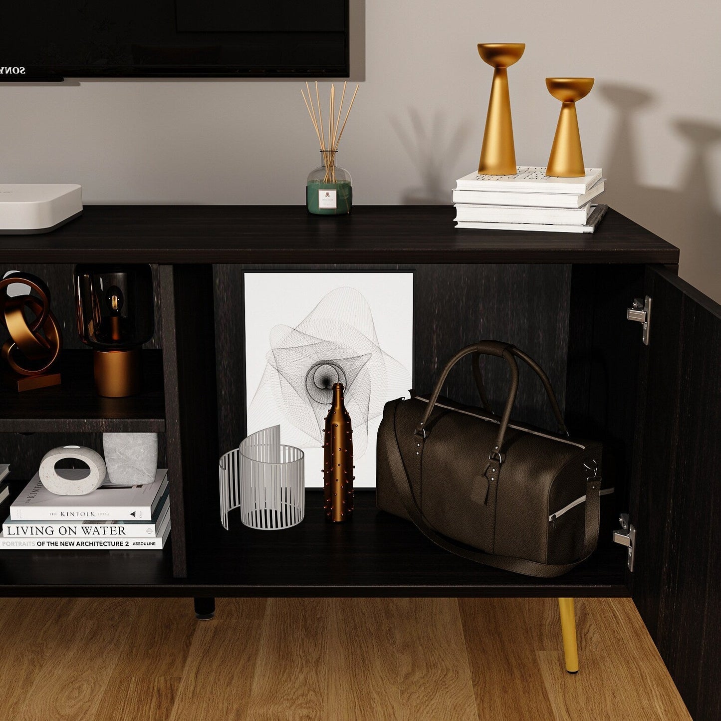 FUFU&GAGA TV Stand Modern/Contemporary Dark Brown Tv Cabinet Integrated Tv Mount (Accommodates TVs up to 70-in)