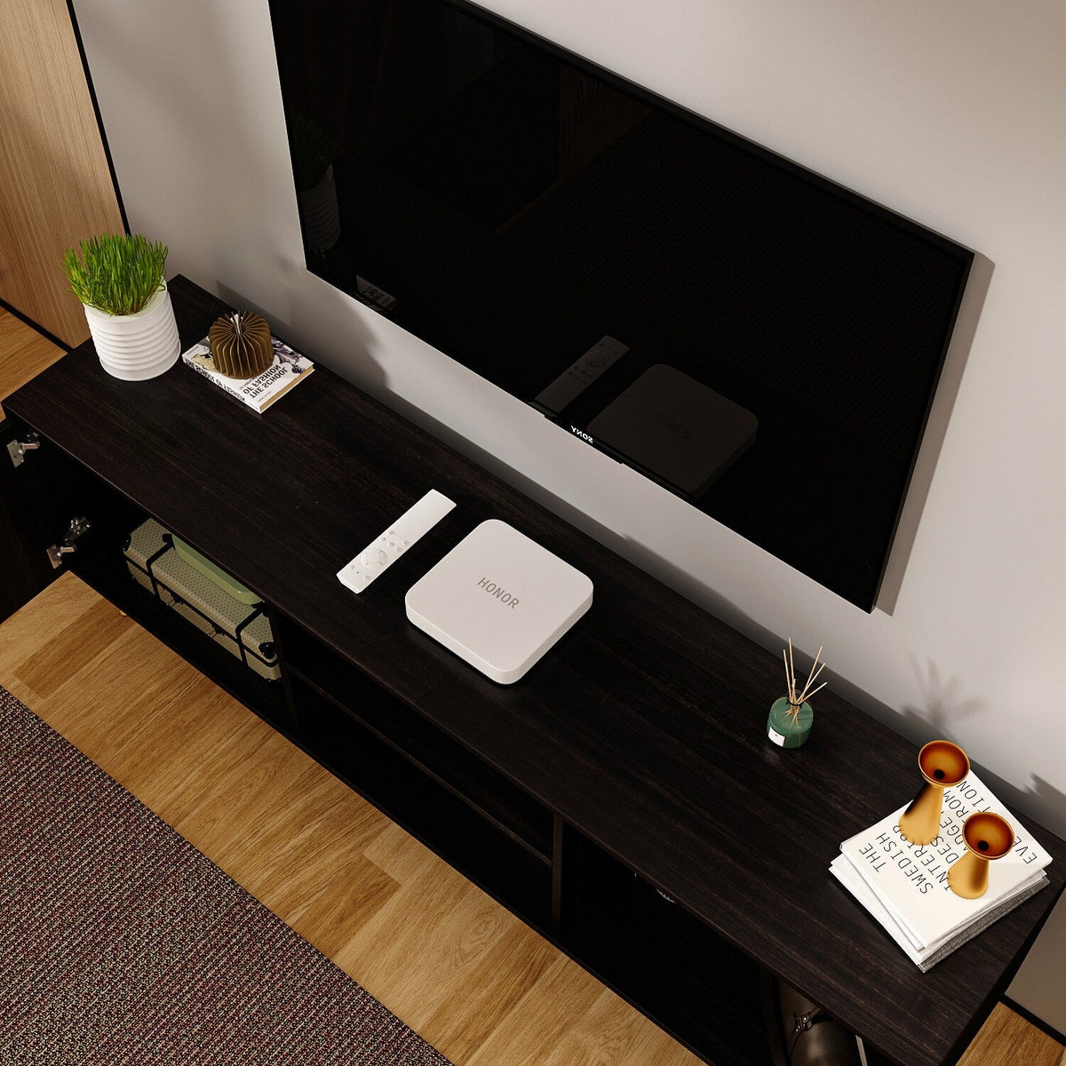 FUFU&GAGA Black TV Cabinet Modern/Contemporary (Accommodates TVs up to 70-in) - Floating Design, Integrated Storage, Adjustable Shelves