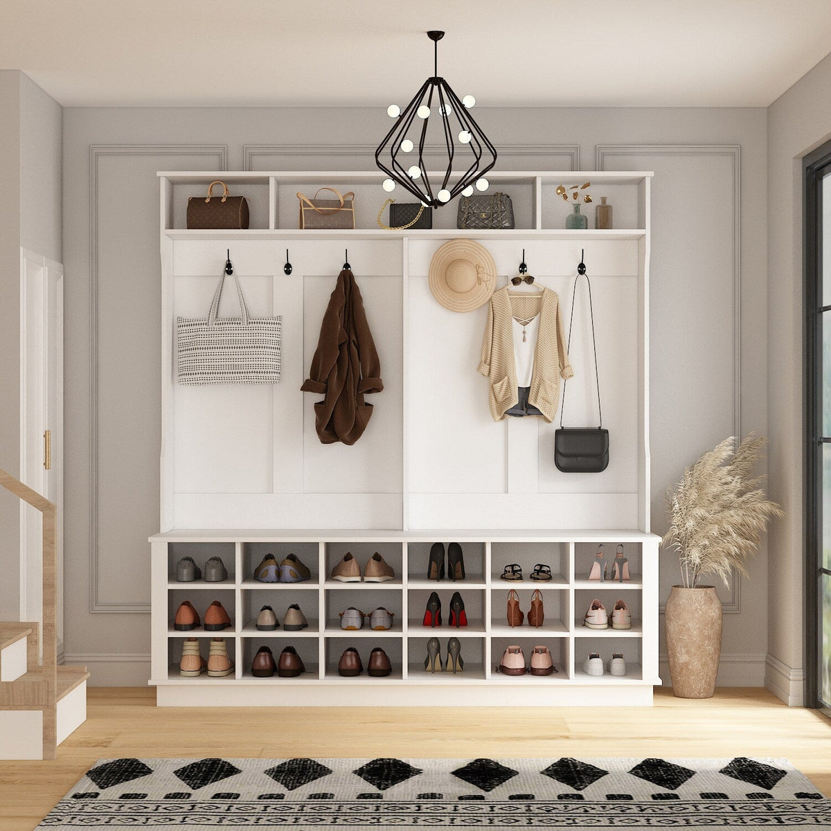 FUFU&GAGA Contemporary Hanging Wardrobe with Storage Compartments, Coat Hooks, and Shoe Cabinets