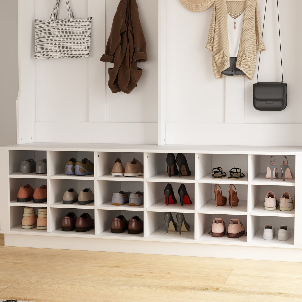 FUFU&GAGA Contemporary Hanging Wardrobe with Storage Compartments, Coat Hooks, and Shoe Cabinets