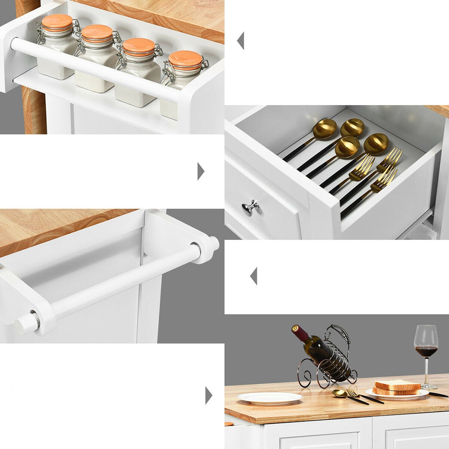 Goplus White Wood Base with Wood Top Rolling Kitchen Cart (30-in x 53.5-in x 36-in)