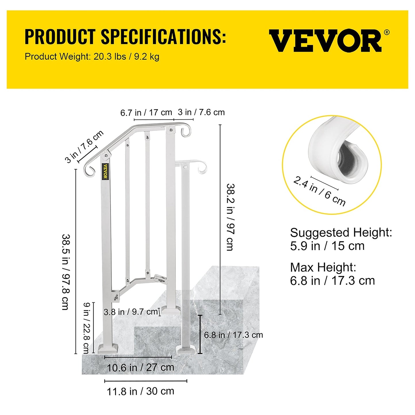 VEVOR Handrails Stair Railing 2-ft x 38-in White Steel Deck Stair Rail Kit