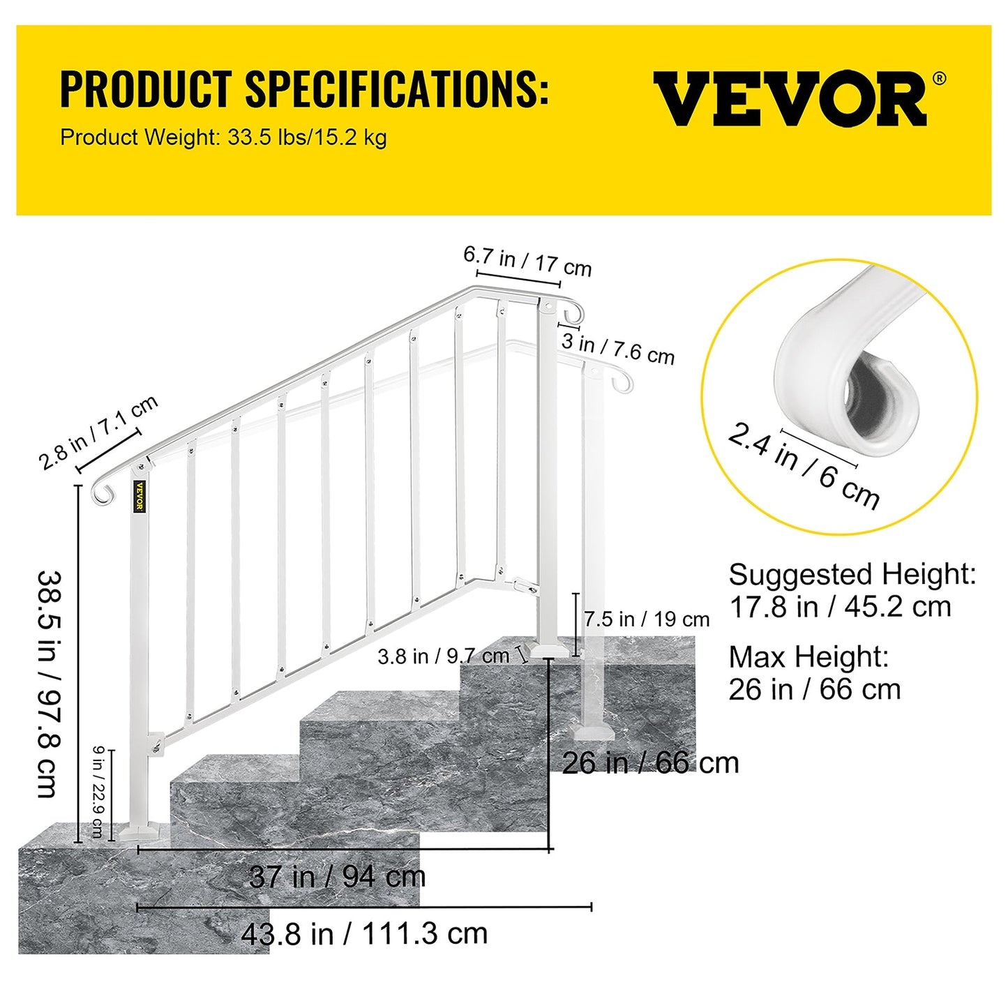 VEVOR Handrails Stair Railing 4-ft x 38-in White Steel Deck Stair Rail Kit