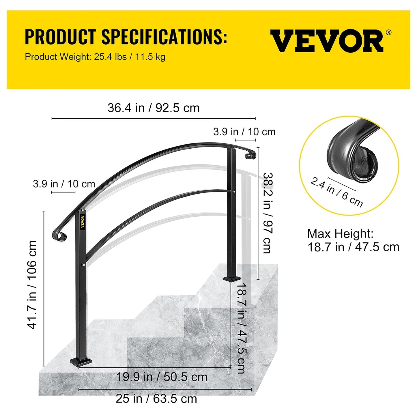 VEVOR Handrails Stair Railing 2-ft x 42-in Black Steel Deck Stair Rail Kit