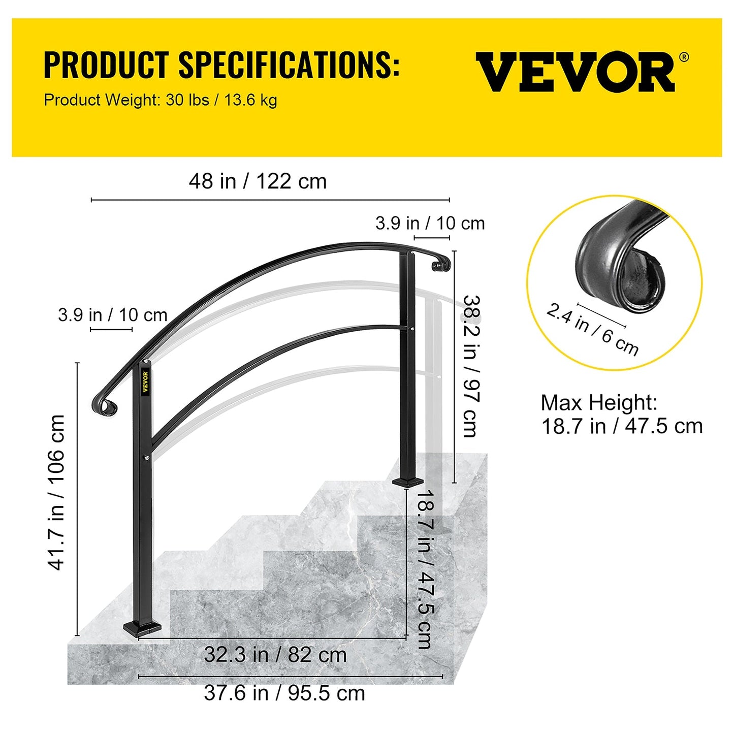VEVOR Handrails Stair Railing 3-ft x 42-in Black Steel Deck Stair Rail Kit