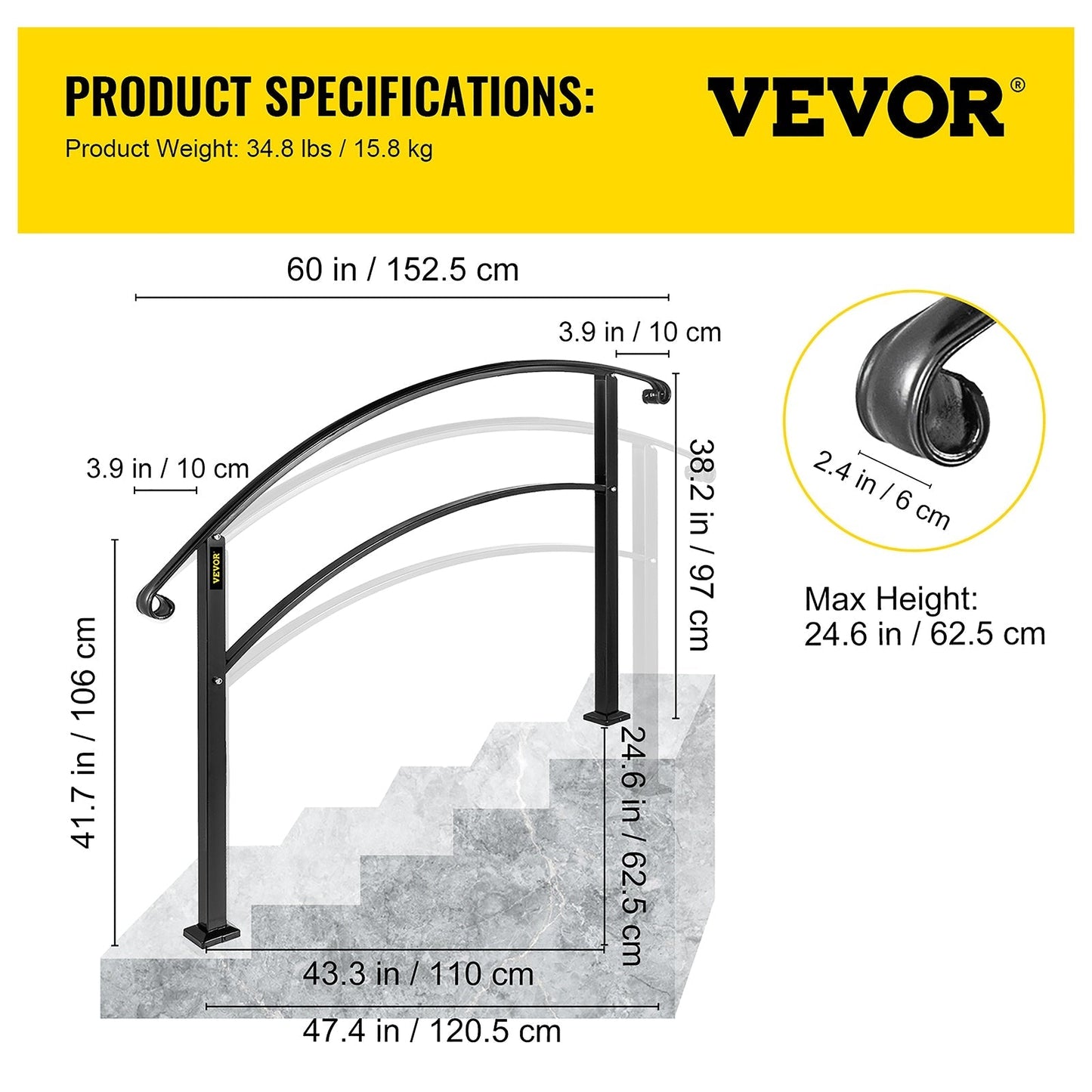 VEVOR Handrails Stair Railing 4-ft x 42-in Black Steel Deck Stair Rail Kit
