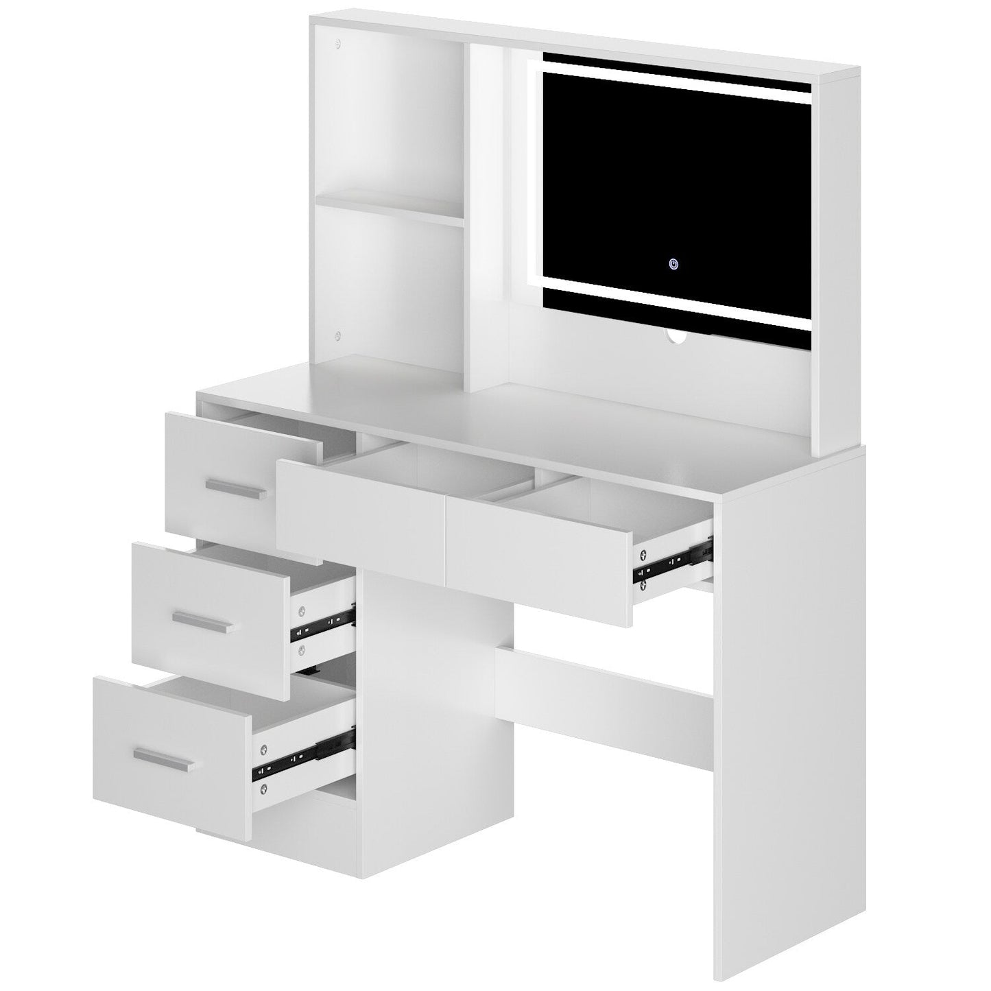 FUFU&GAGA Contemporary Makeup Vanity Table with Sliding Mirror and Adjustable Lights - White, 5 Drawers, 2-Tier Storage Cabinets, Durable MDF Material