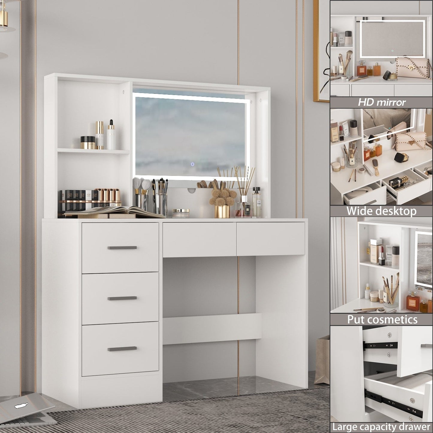FUFU&GAGA Contemporary Makeup Vanity Table with Sliding Mirror and Adjustable Lights - White, 5 Drawers, 2-Tier Storage Cabinets, Durable MDF Material