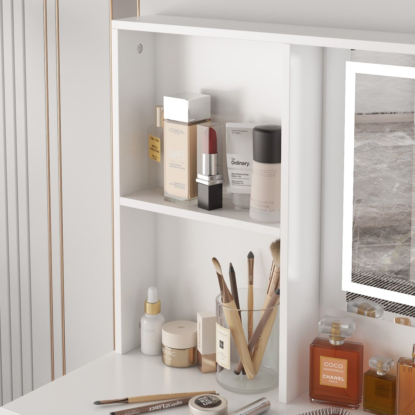 FUFU&GAGA Contemporary Makeup Vanity Table with Sliding Mirror and Adjustable Lights - White, 5 Drawers, 2-Tier Storage Cabinets, Durable MDF Material