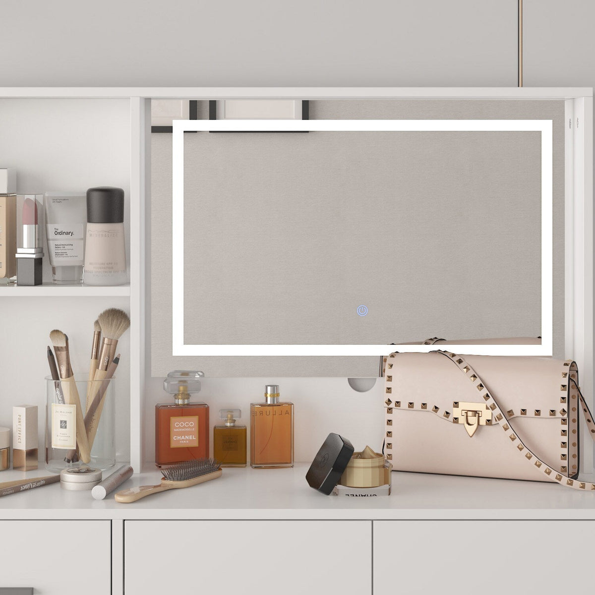 FUFU&GAGA Contemporary Makeup Vanity Table with Sliding Mirror and Adjustable Lights - White, 5 Drawers, 2-Tier Storage Cabinets, Durable MDF Material