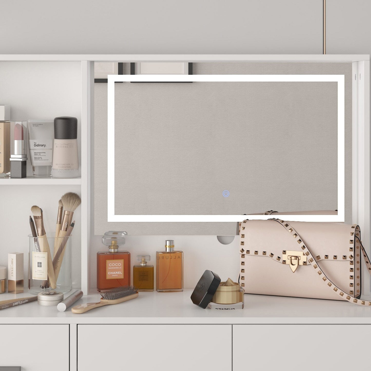 FUFU&GAGA Contemporary Makeup Vanity Table with Sliding Mirror and Adjustable Lights - White, 5 Drawers, 2-Tier Storage Cabinets, Durable MDF Material