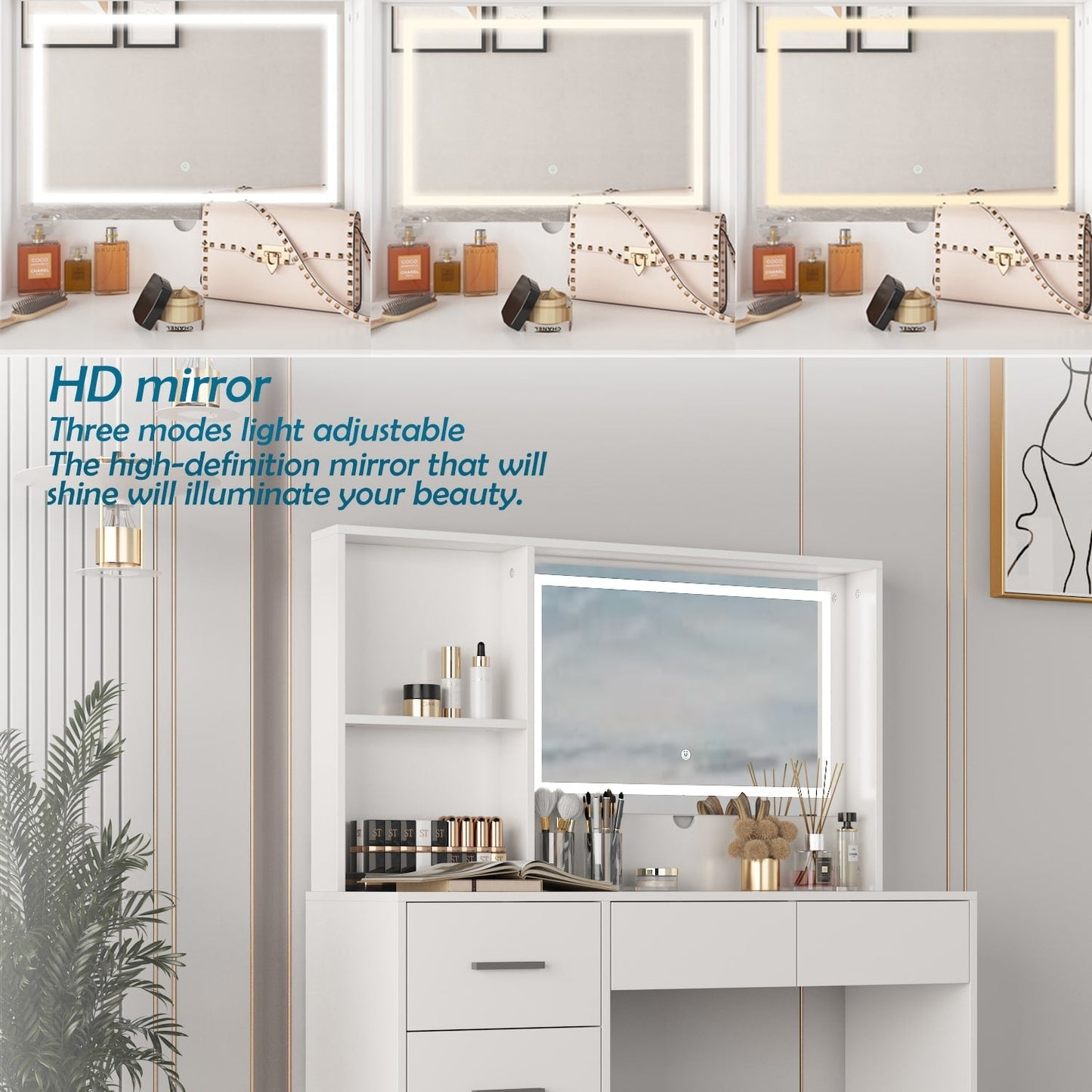 FUFU&GAGA Contemporary Makeup Vanity Table with Sliding Mirror and Adjustable Lights - White, 5 Drawers, 2-Tier Storage Cabinets, Durable MDF Material