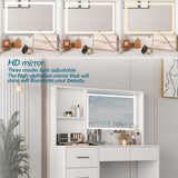 FUFU&GAGA Contemporary Makeup Vanity Table with Sliding Mirror and Adjustable Lights - White, 5 Drawers, 2-Tier Storage Cabinets, Durable MDF Material