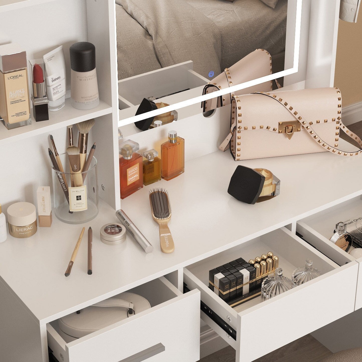 FUFU&GAGA Contemporary Makeup Vanity Table with Sliding Mirror and Adjustable Lights - White, 5 Drawers, 2-Tier Storage Cabinets, Durable MDF Material