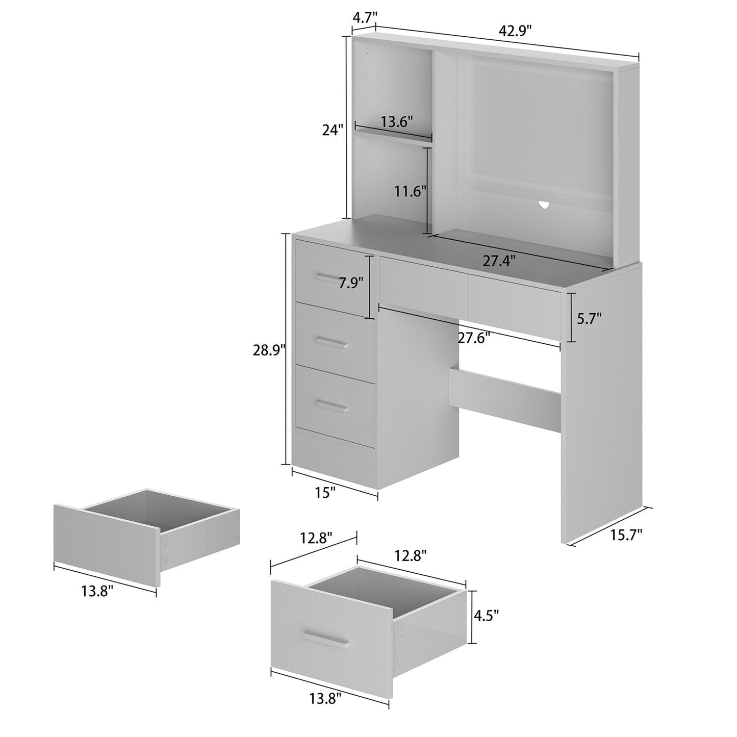FUFU&GAGA Contemporary Makeup Vanity Table with Sliding Mirror and Adjustable Lights - White, 5 Drawers, 2-Tier Storage Cabinets, Durable MDF Material