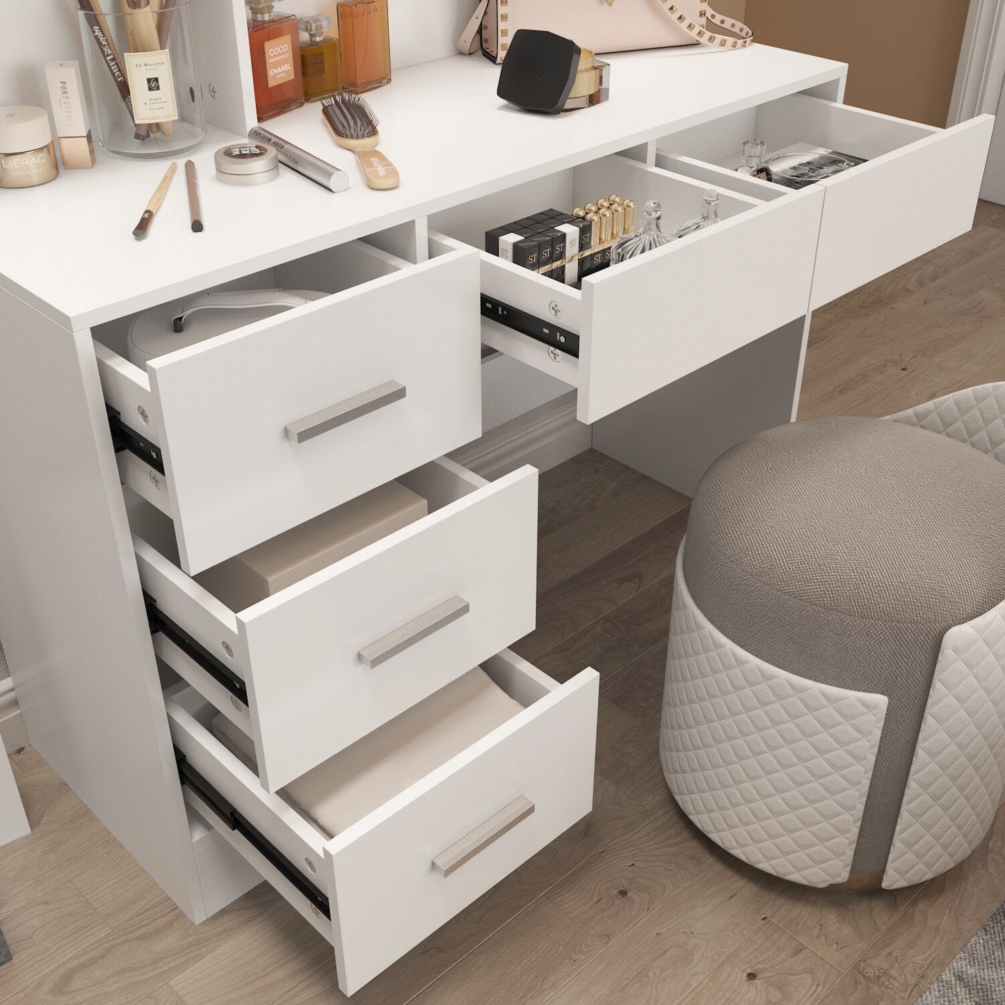 FUFU&GAGA Contemporary Makeup Vanity Table with Sliding Mirror and Adjustable Lights - White, 5 Drawers, 2-Tier Storage Cabinets, Durable MDF Material