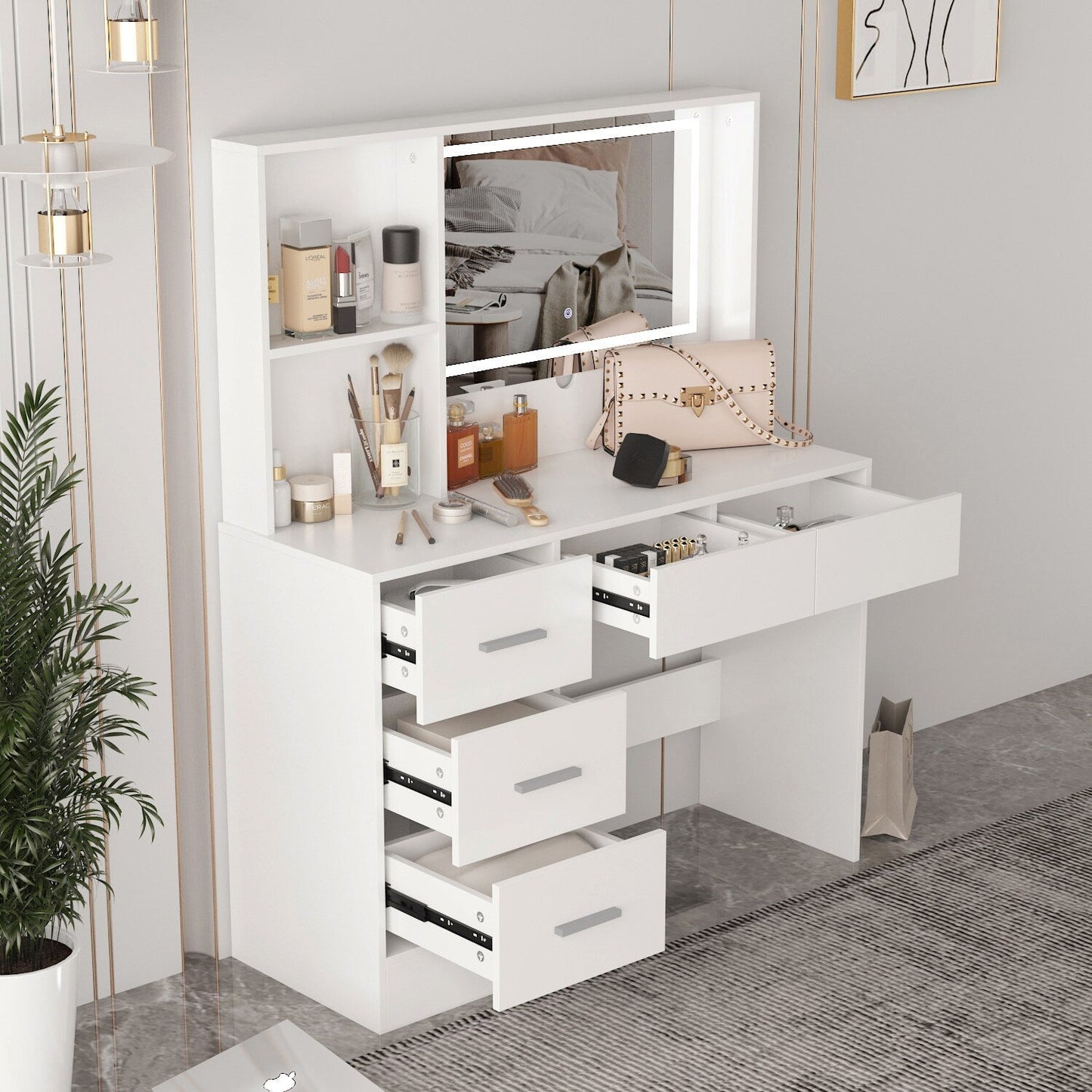 FUFU&GAGA Contemporary Makeup Vanity Table with Sliding Mirror and Adjustable Lights - White, 5 Drawers, 2-Tier Storage Cabinets, Durable MDF Material