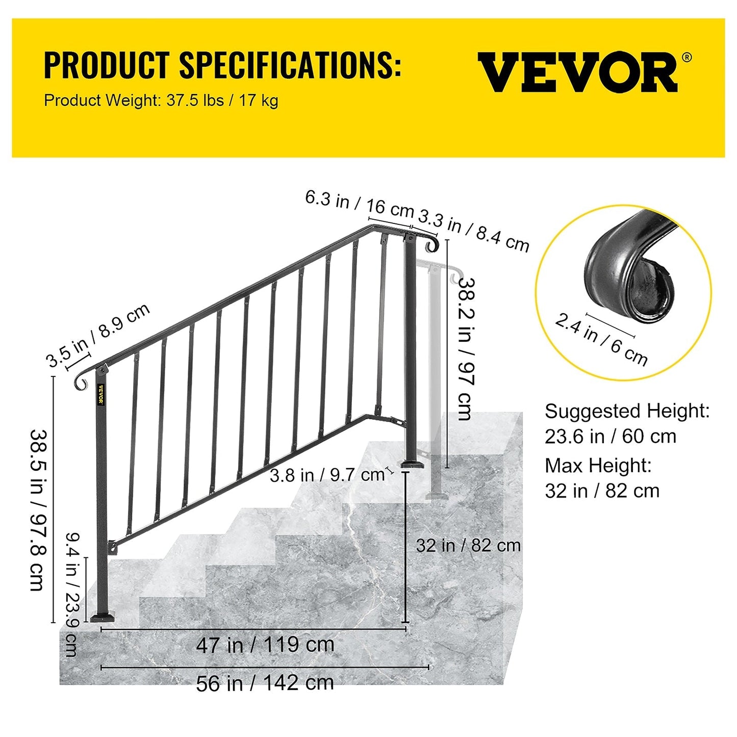 VEVOR Handrails Stair Railing 4-ft x 38-in Black Steel Deck Stair Rail Kit