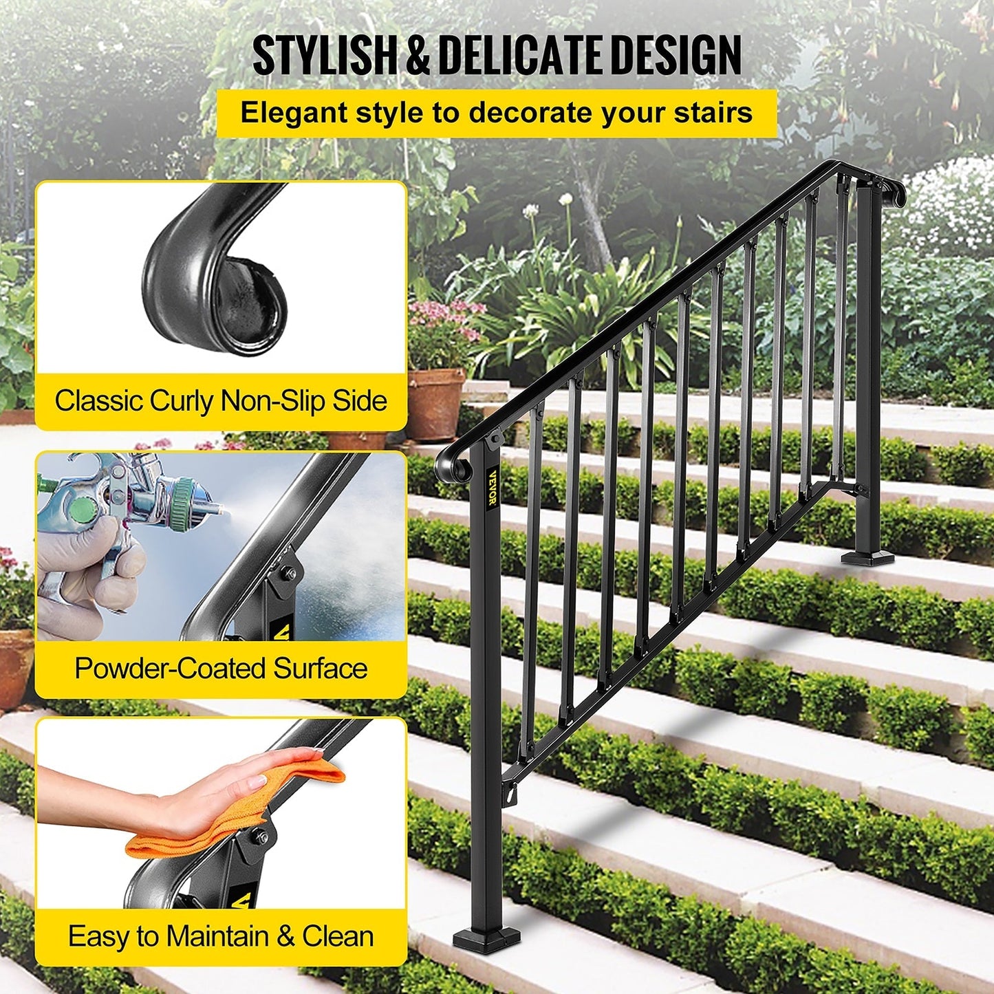 VEVOR Handrails Stair Railing 4-ft x 38-in Black Steel Deck Stair Rail Kit